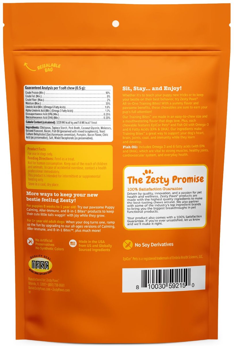 Zesty Paws All-in-One Bacon Flavored Soft and Chewy Training Bites Dog Treats