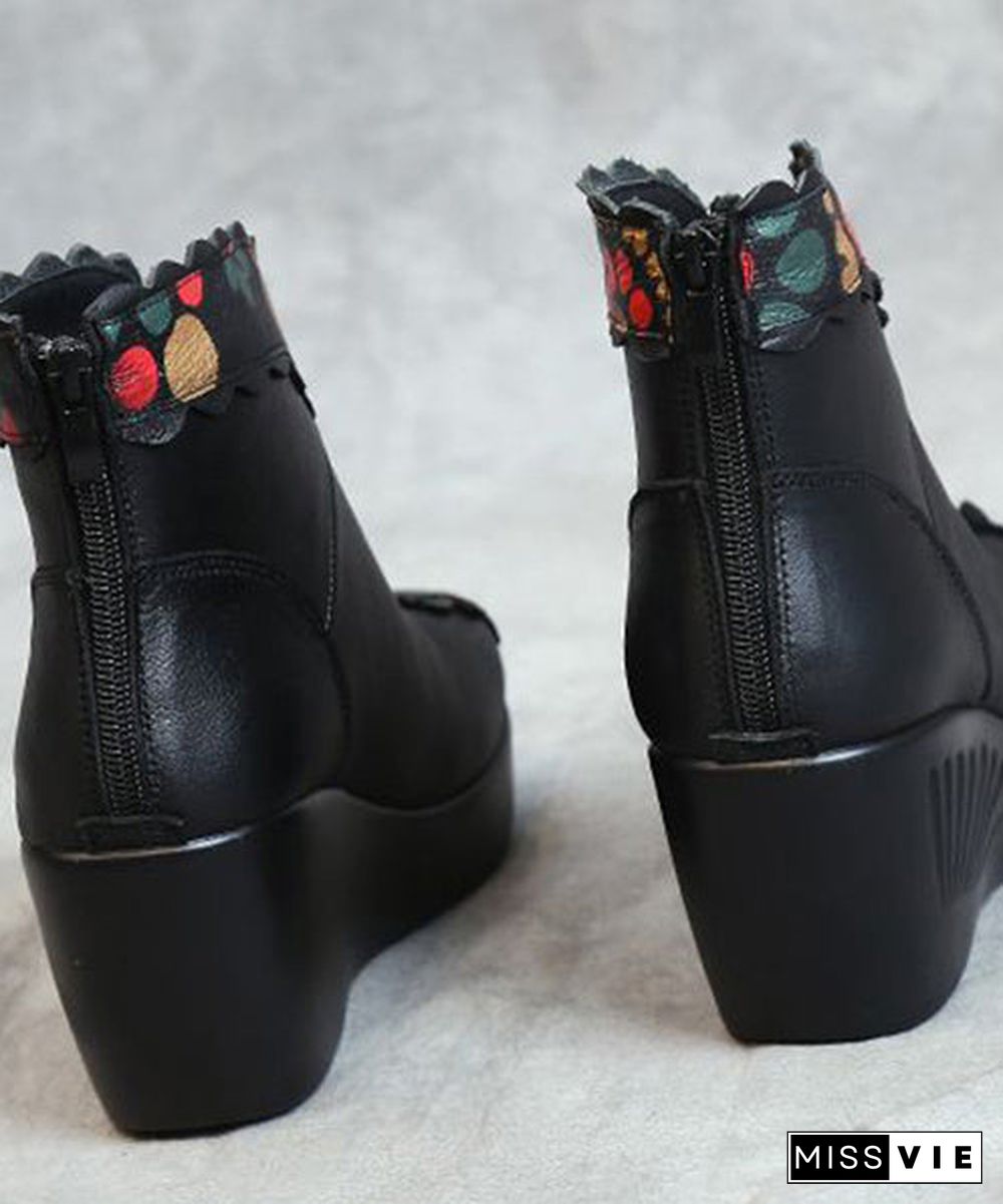 Red Floral Splicing Cowhide Leather Ankle Boots Wedge