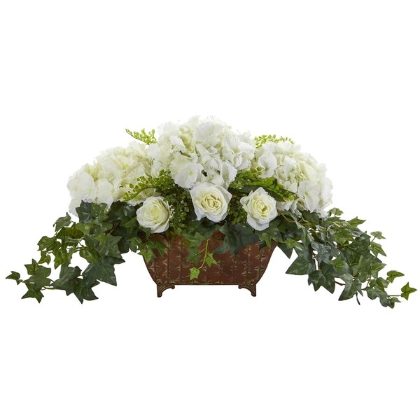 Hydrangea and Roses Artificial Arrangement in Metal Planter