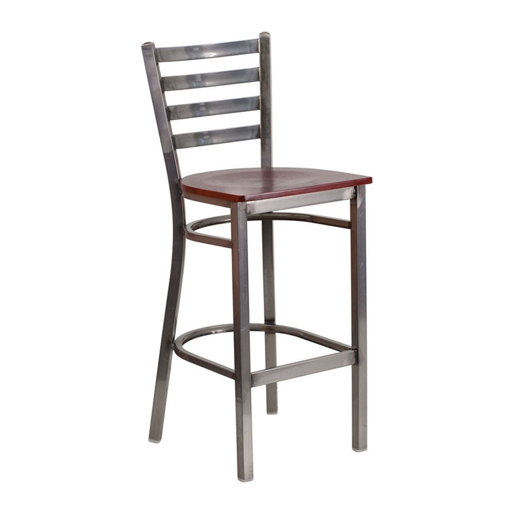 Offex Clear Coated Ladder Back Metal Restaurant Barstool - Mahogany Wood Seat