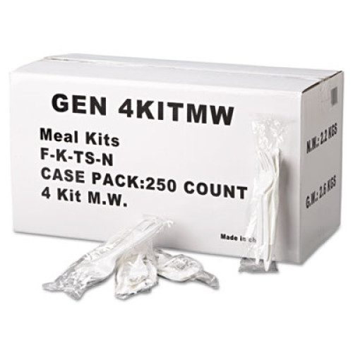 GEN Wrapped Cutlery Kit， Fork/Knife/Spoon/Napkin， Mediumweight， Polypropylene Plastic， White， 250/Carton (4KITMW)