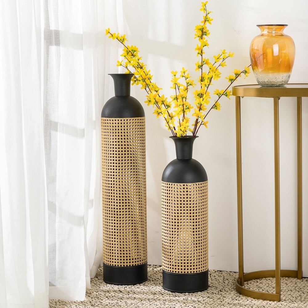 Glitzhome Set of 2 Boho Decorative Gold/Black Two tone Table Floor Metal Vases