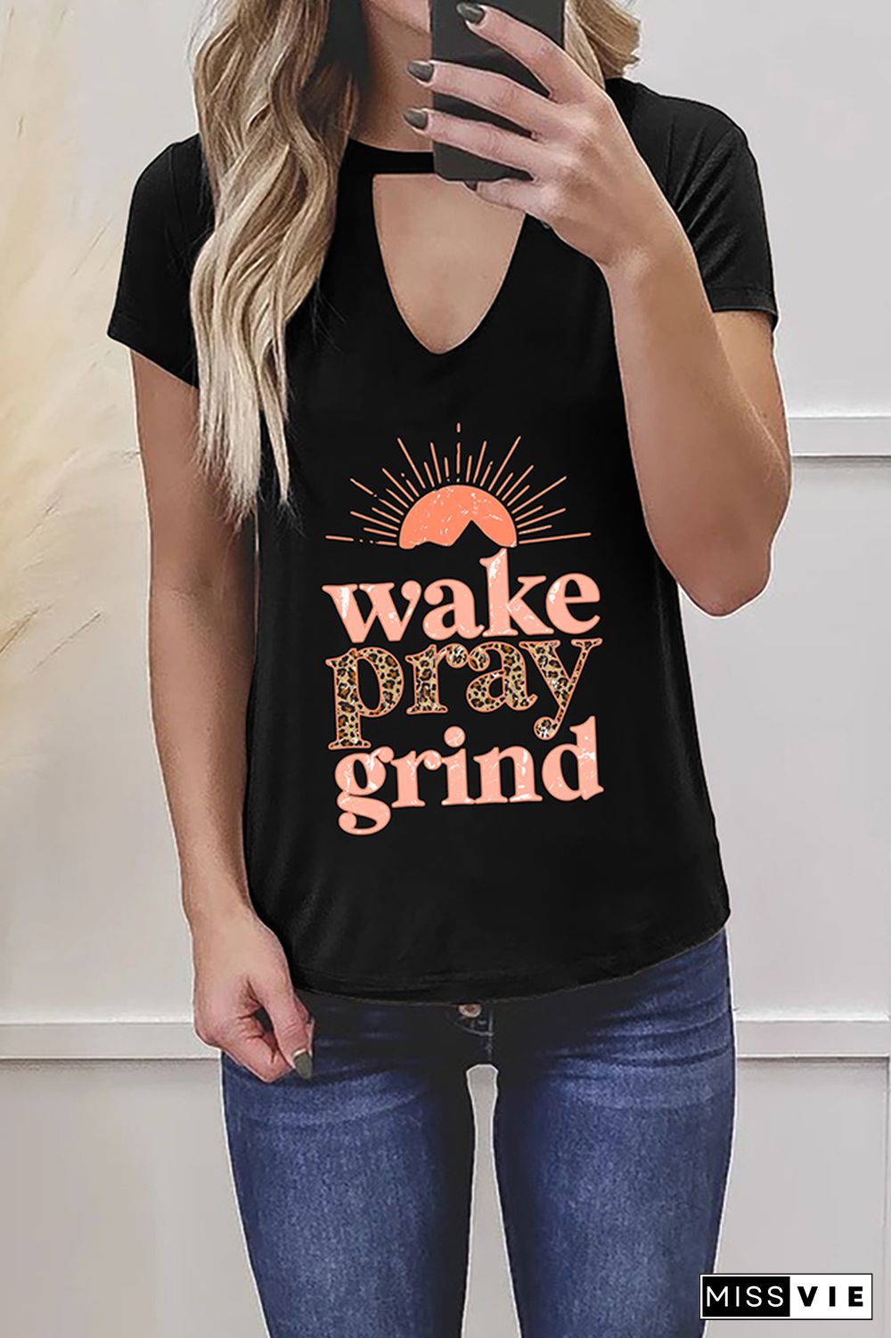 Wake Pray Grind Leopard Graphic Tees for Women Wholesale Short Sleeve T shirts Top