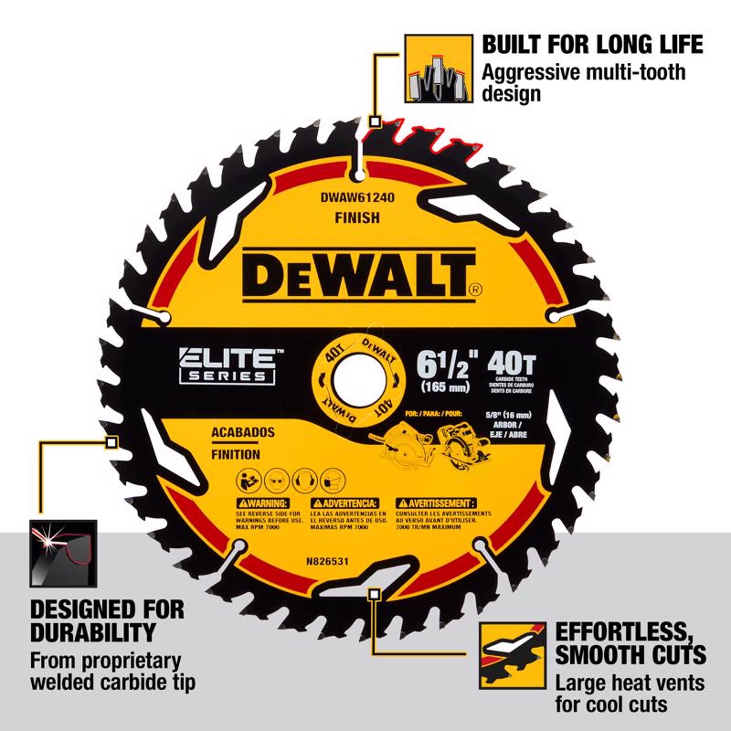 DW Elite Series 6-1/2 in. D X 5/8 in. Carbide Circular Saw Blade 40 teeth 1 pk