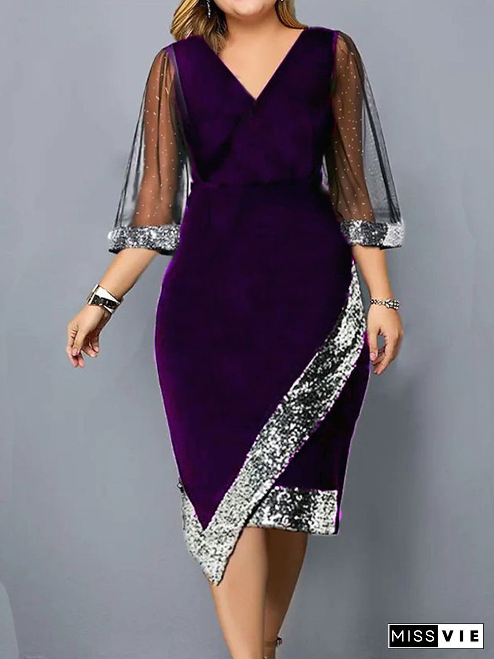 Bodycon Wrap Contrast Color Mesh Sequined Split-Joint V-Neck Midi Dresses