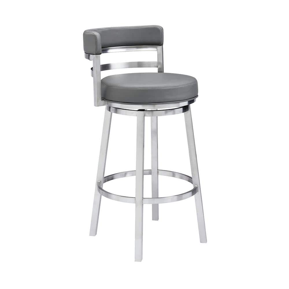 Armen Living Rayner Contemporary 30 in. Bar Height in Brushed Stainless Steel Finish and Grey Faux Leather Bar Stool 721535738182