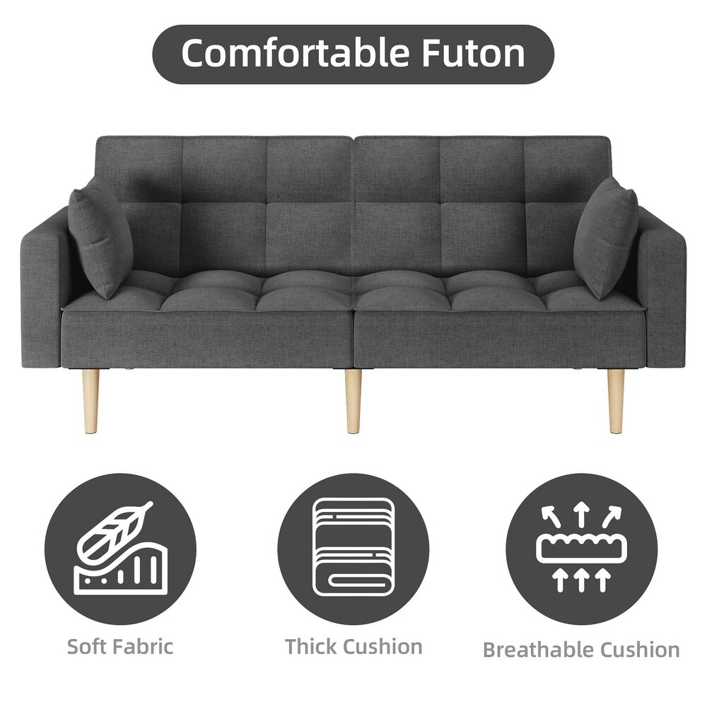 Linen Couches Upholstered Futon Sofa Bed with Thicken Wood Legs