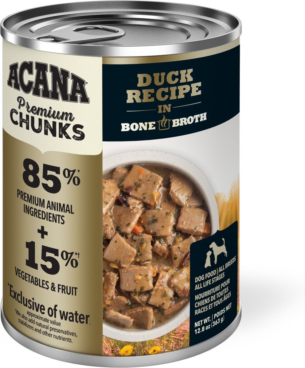 ACANA Premium Chunks Duck Recipe in Bone Broth Grain-Free Wet Dog Food， 12.8-oz can， case of 12