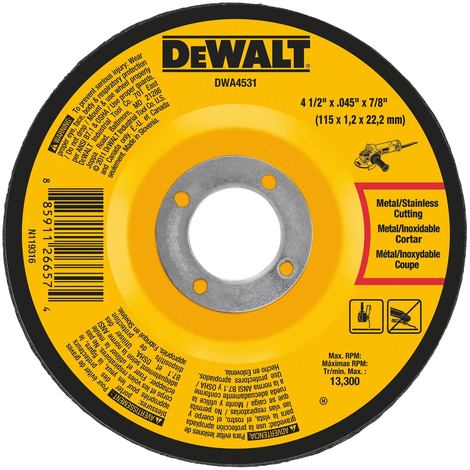 DW 4-1/2 in. D X 7/8 in. Aluminum Oxide Cutting Wheel 1 pk