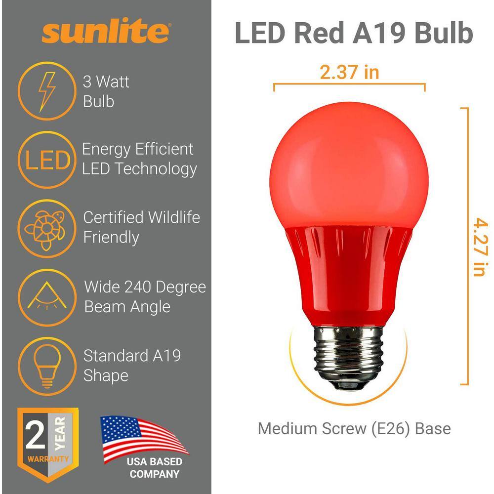 Sunlite 22-Watt Equivalent A19 LED Red Light Bulbs Medium E26 Base in Red (6-Pack) HD02213-6