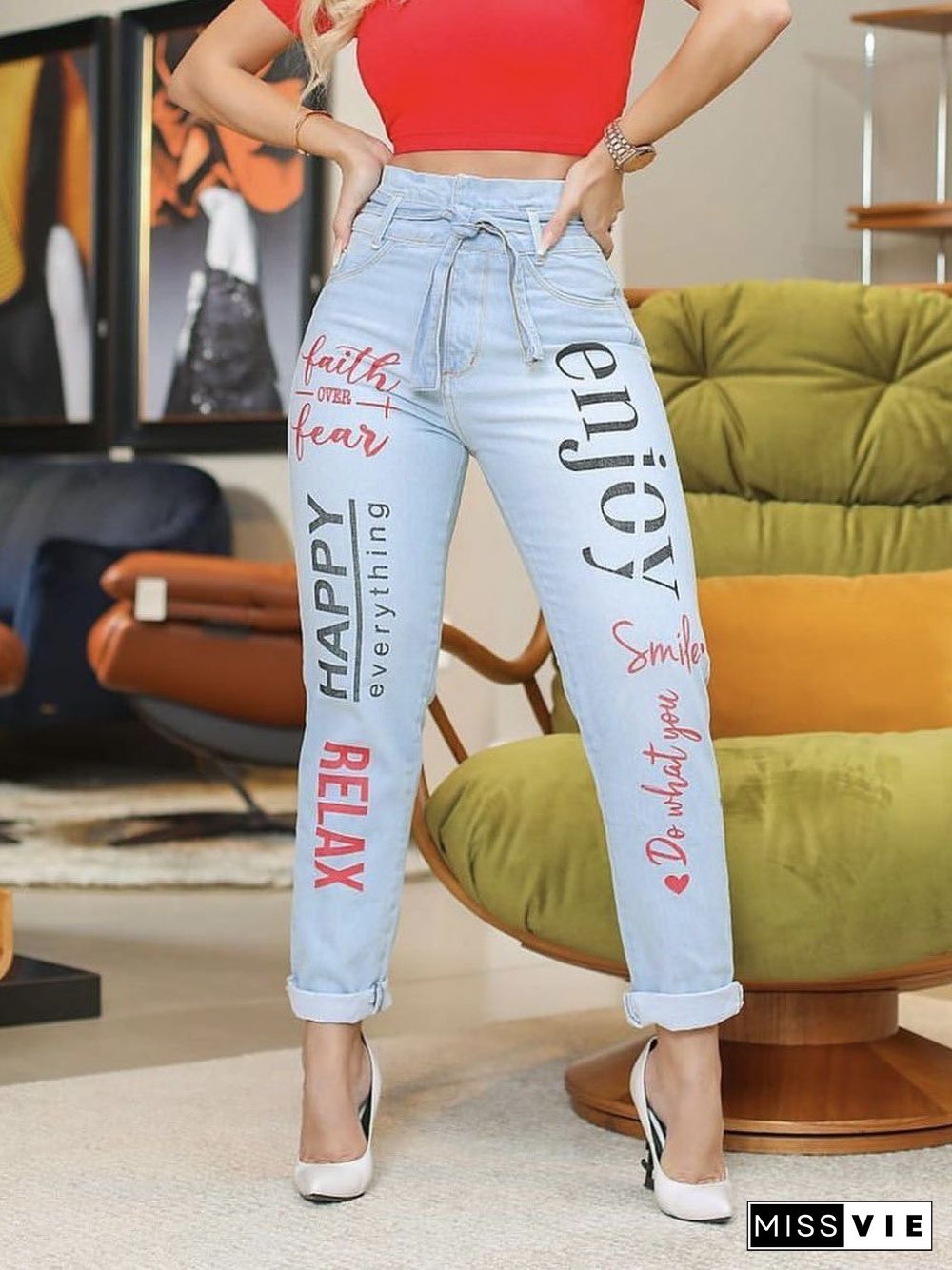 High Waist Letter Printed Slim Jeans