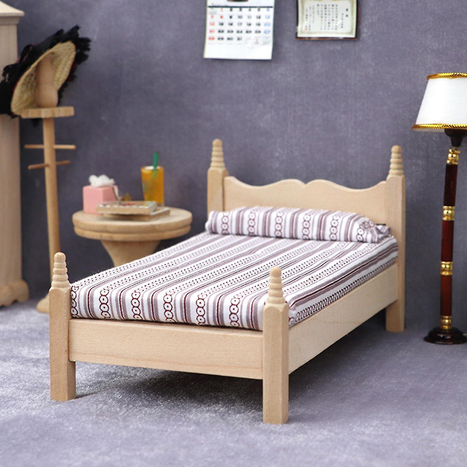 Doll House Miniature Bed Wooden Pretend Play Toy