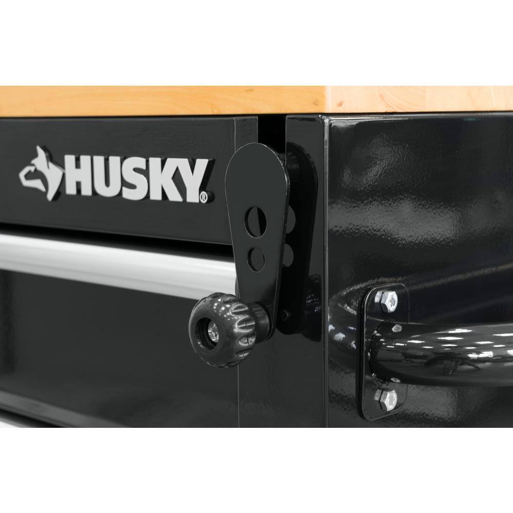 Husky 72 in. x 24.1 in. D 20-Drawer Mobile Workbench with Adjustable Height Solid Wood Top in Gloss Black HOLC7220B11M