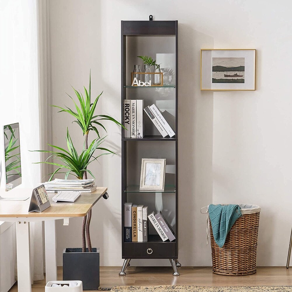 Ivinta Tall Bookshelf for Small Spaces  Narrow Bookcase with Adjustable Glass Display Shelf