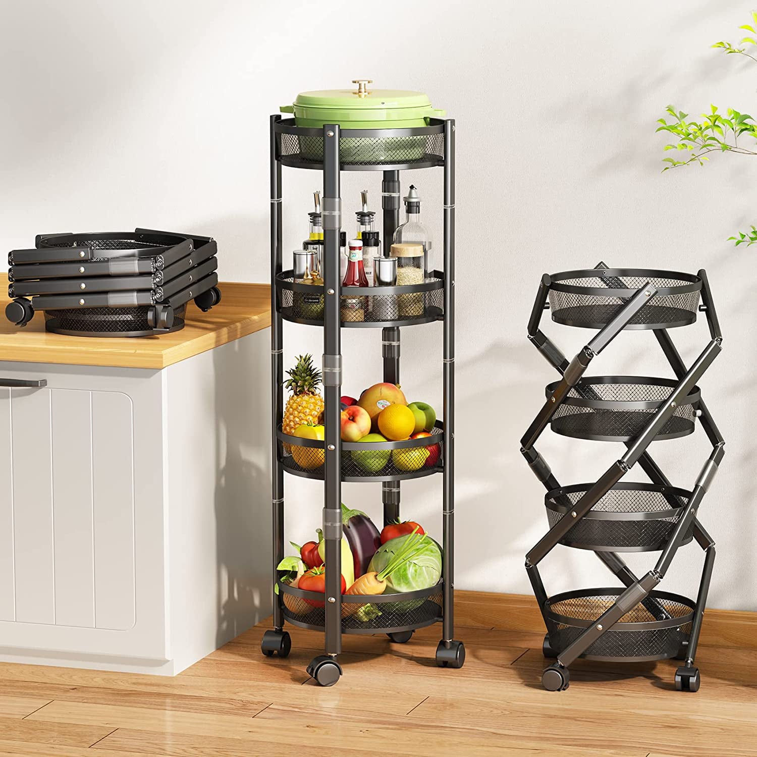 Collapsible Rolling Cart， 4-Tier Metal Storage Utility Cart for Kitchen Home Office Outdoor， Black