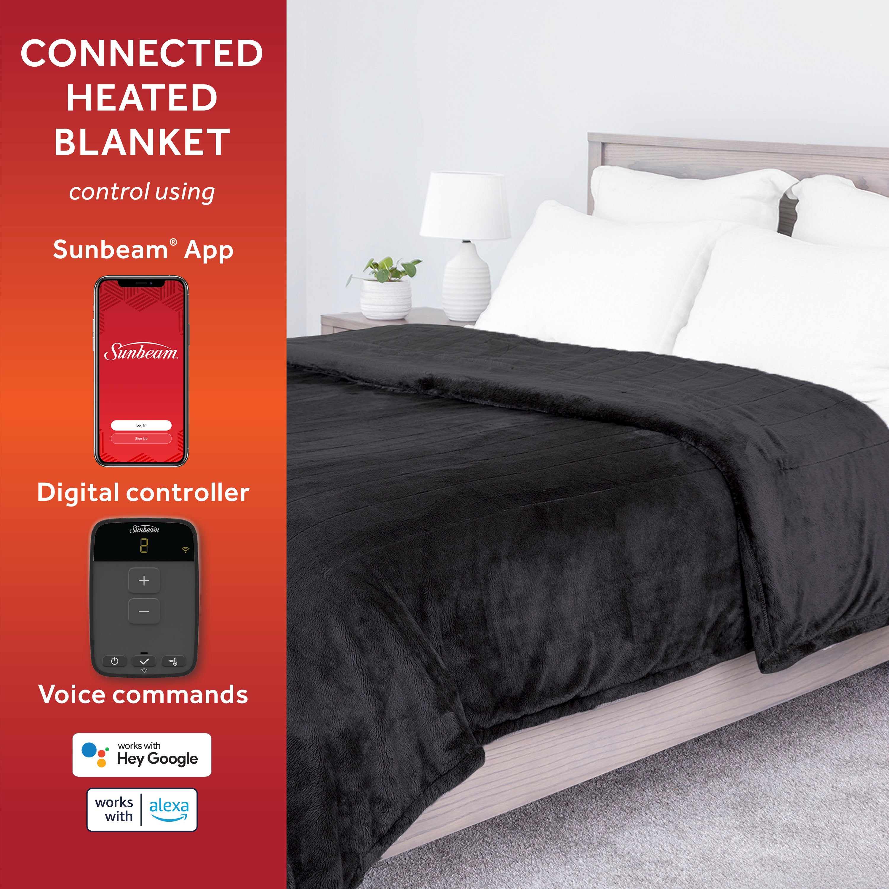 Sunbeam Connected WiFi Heated Blanket， WiFi Electric Blanket， Lofttec， Slate Grey， Full