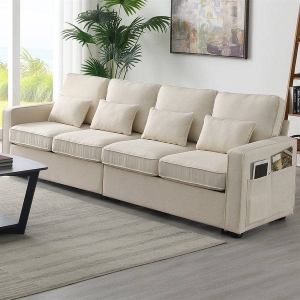 4 Seater Modern Linen Fabric Sofa with Armrest Pockets and 4 Pillows