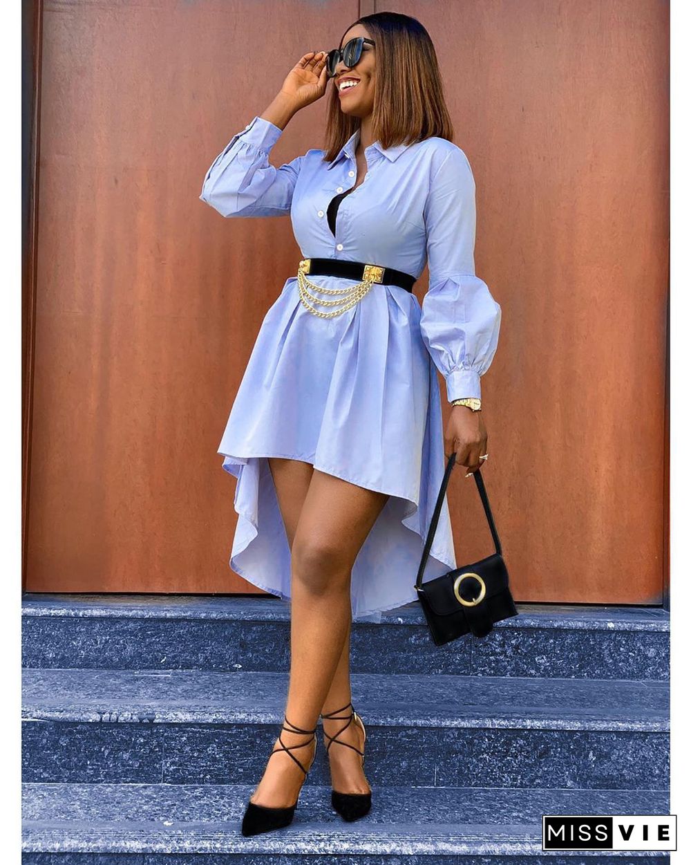 Women Full Sleeve Lapel Neck Midi Dress