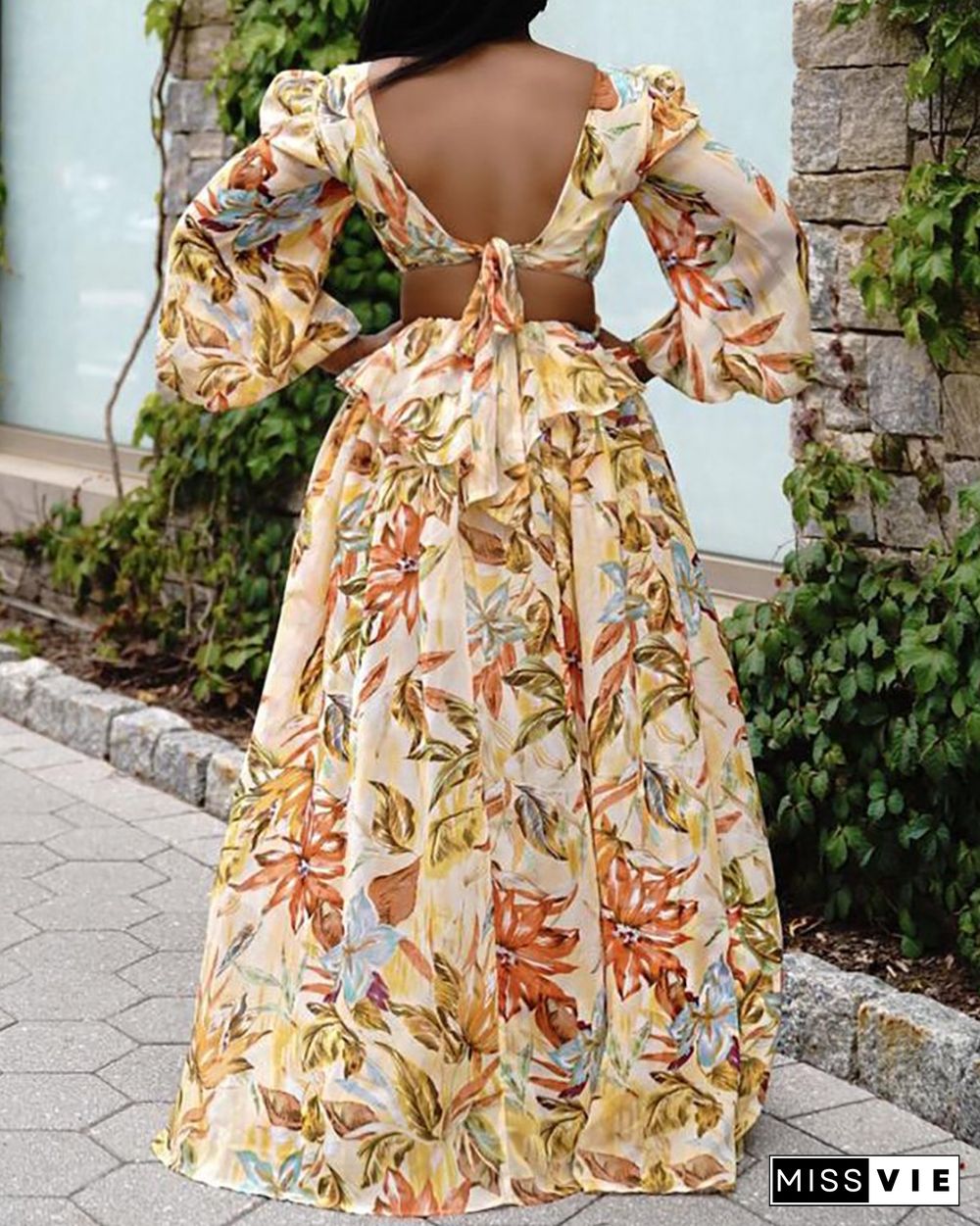 Leaf Floral Print Puff Lantern Sleeve Maxi Dress