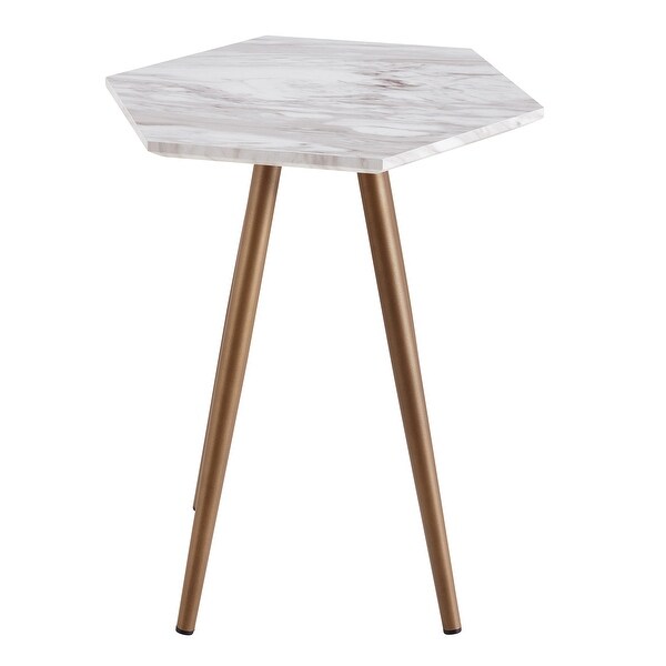 Modern Minimalism White Faux Marble EndandSide Table， Small Accent Coffee Table with Dark Gold Metal Legs， Hexagon Nightstand