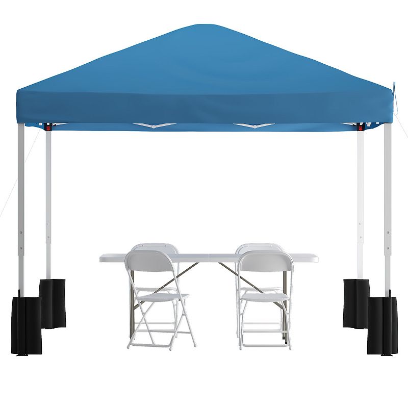 Flash Furniture Otis 10' x 10' Wheeled Pop Up Canopy Tent， 6' Folding Table， and 4 Folding Chairs Set