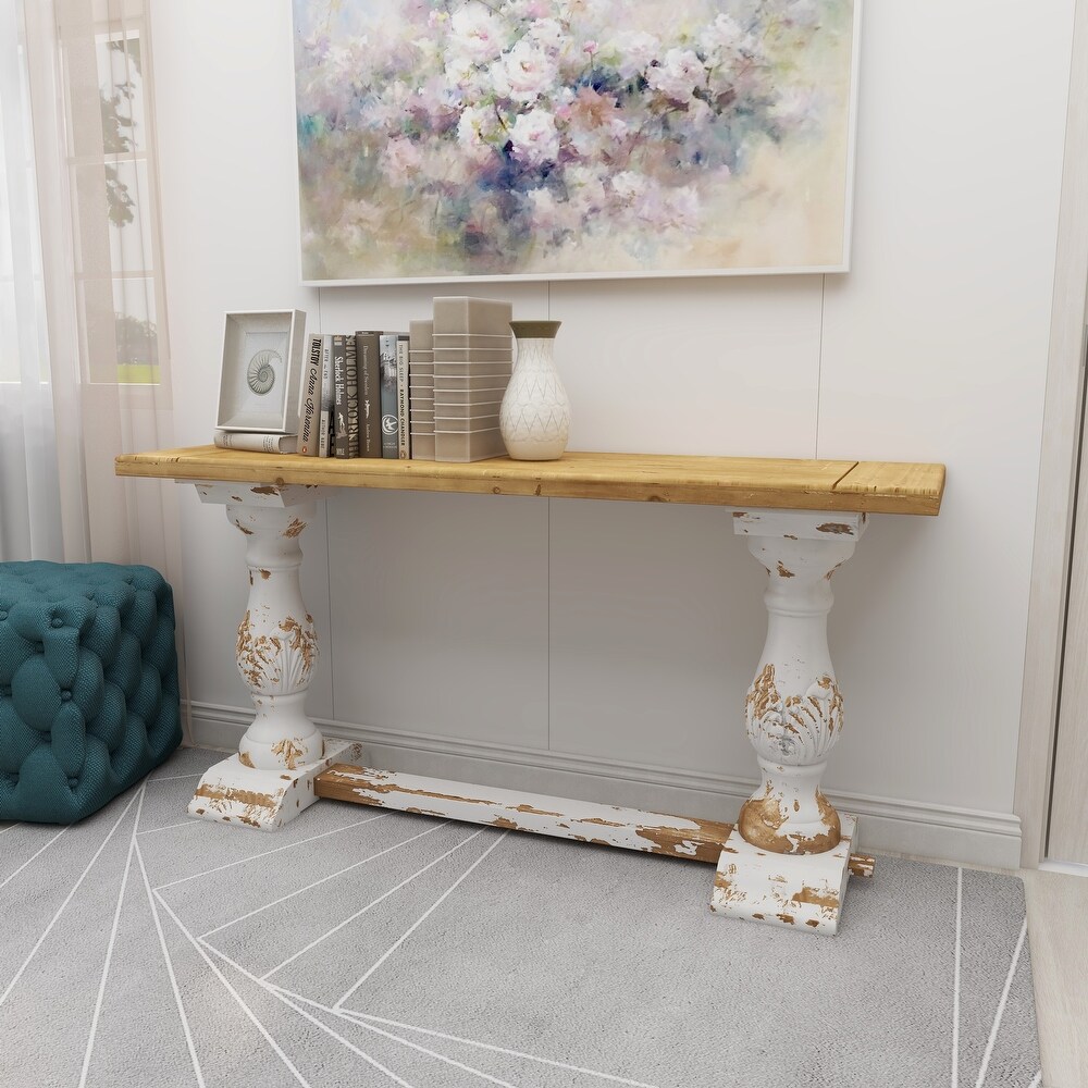 White Wood Distressed Console Table with Brown Wood Top   59 x 16 x 29