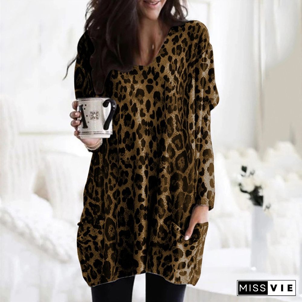 Women Autumn Fashion Sexy Leopard Print Long Sleeve T-shirt V Neck Shirt Irregular Hem Pockets Tunic Tops Blouses