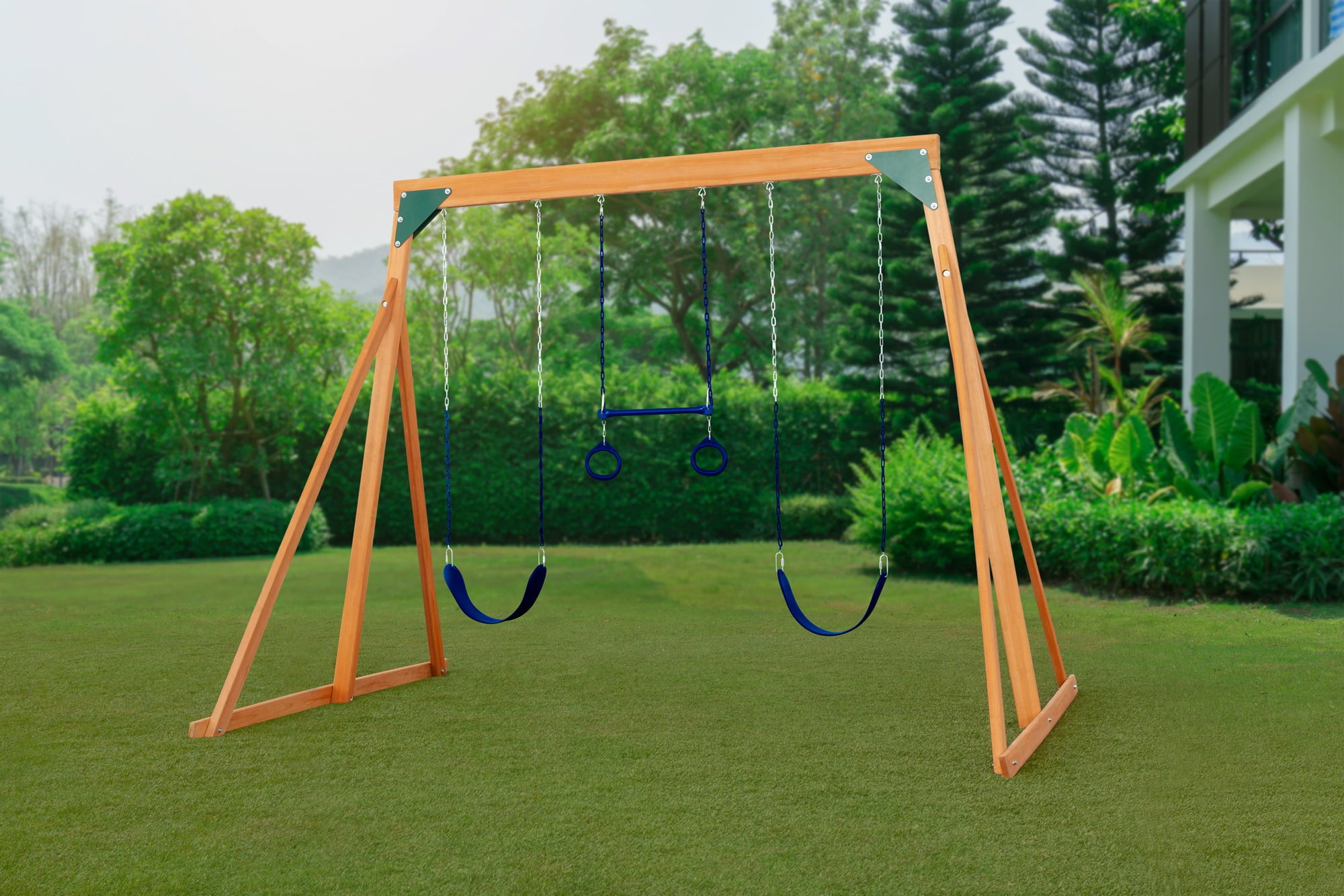 Trailside Cedar Swingset with Belt Swings and Trapeze Bar， All Wood， Hardware， and Assembly Instructions Included