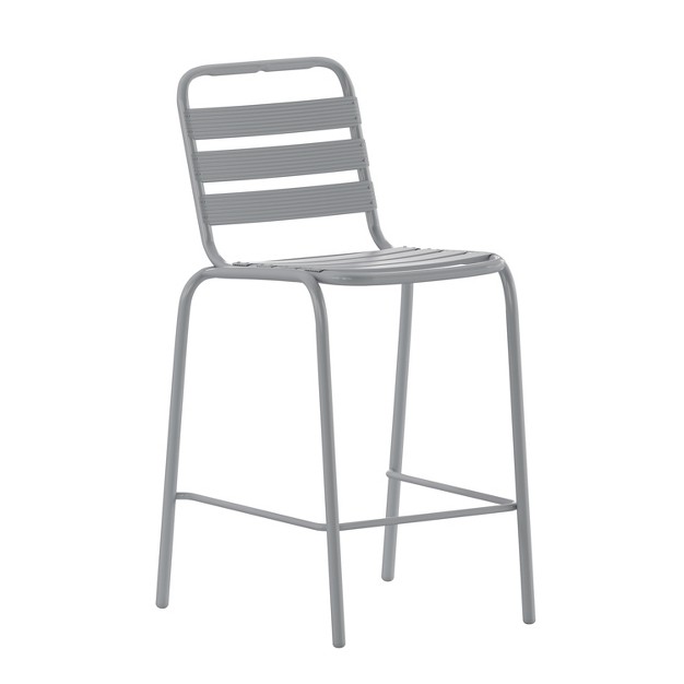 Emma And Oliver Silver Metal Bar Height Stool With Triple Slatted Back For Indoor And Outdoor Use