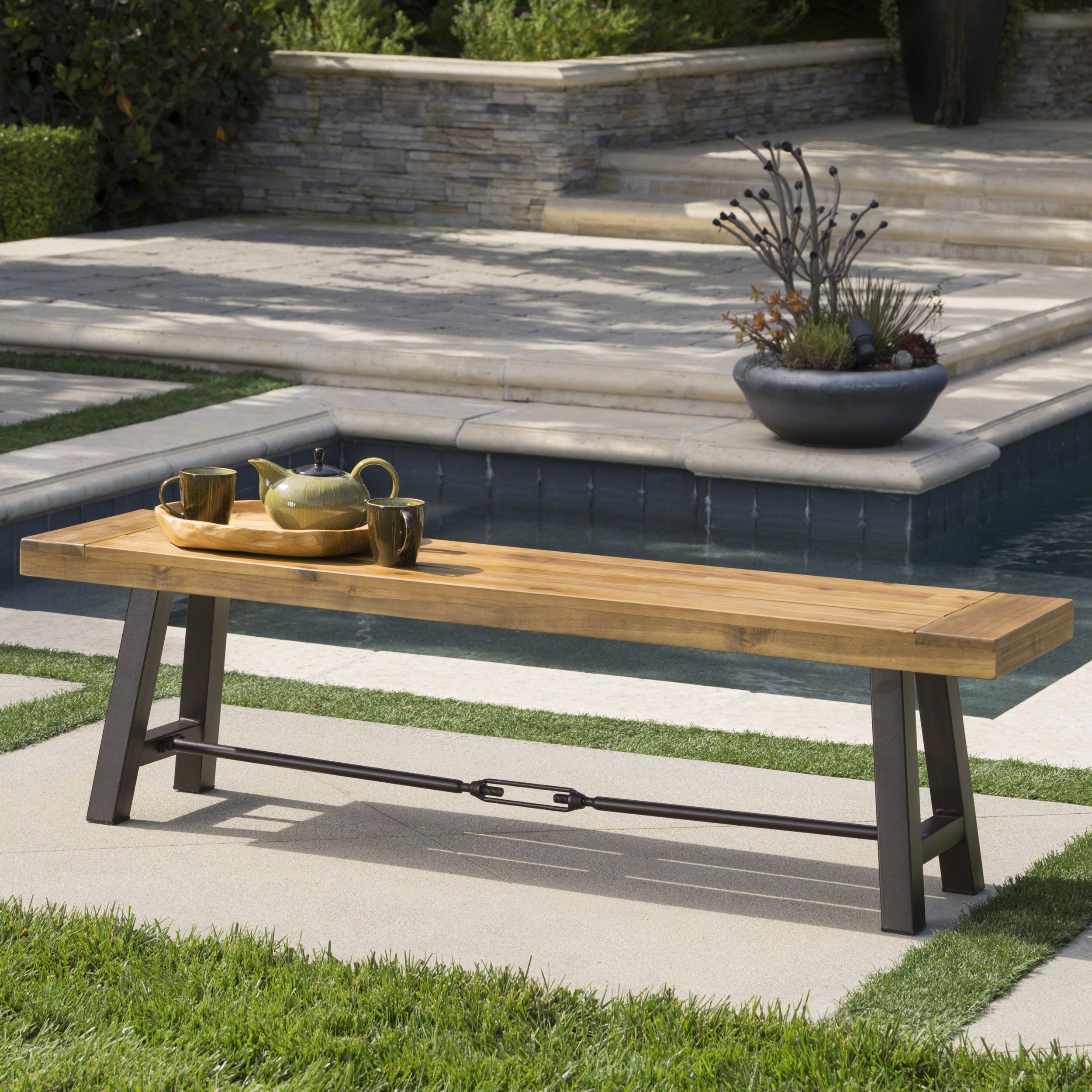 Cana Outdoor Teak Finished Acacia Wood Bench with Rustic Metal Accents