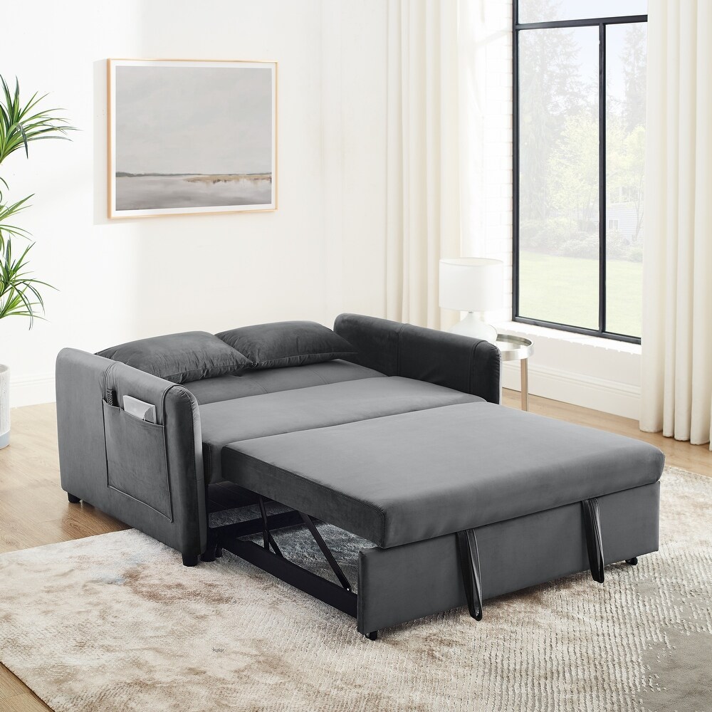 Velvet Upholstered Pull out Sleeper Sofa Convertible Sofa Bed with Adjustable Backrest  Lumbar Pillows and Side Pockets