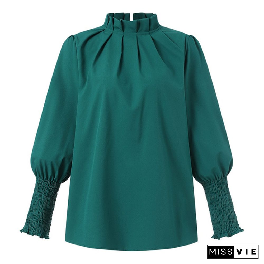 Plus Size Womens Puff Long Sleeve Blouse Ruffled Stand Collar Pleated Casual Shirt Ladies Tops S-5XL