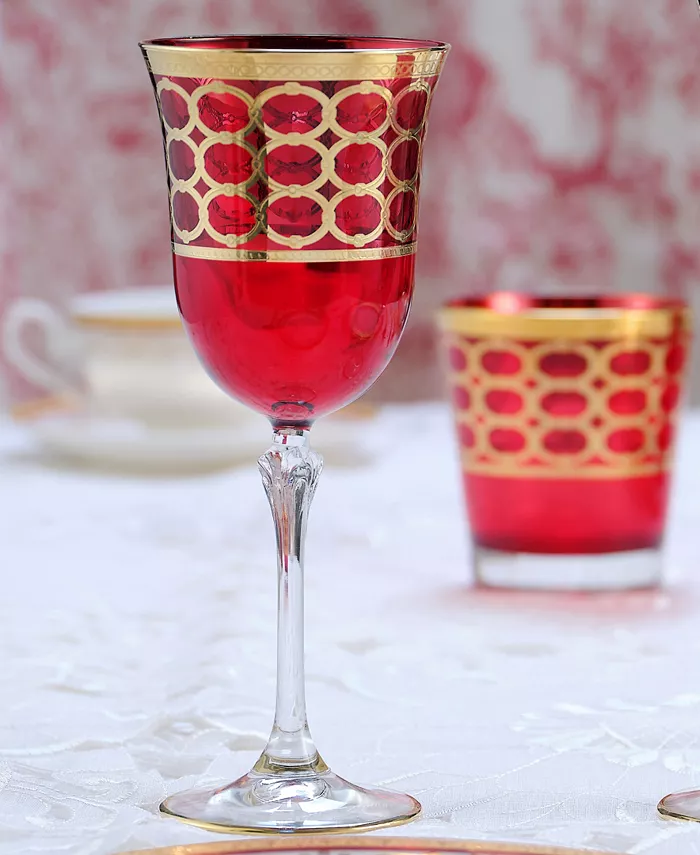 Lorren Home Trends Deep Red Colored White Wine Goblet with Gold-Tone Rings Set of 4