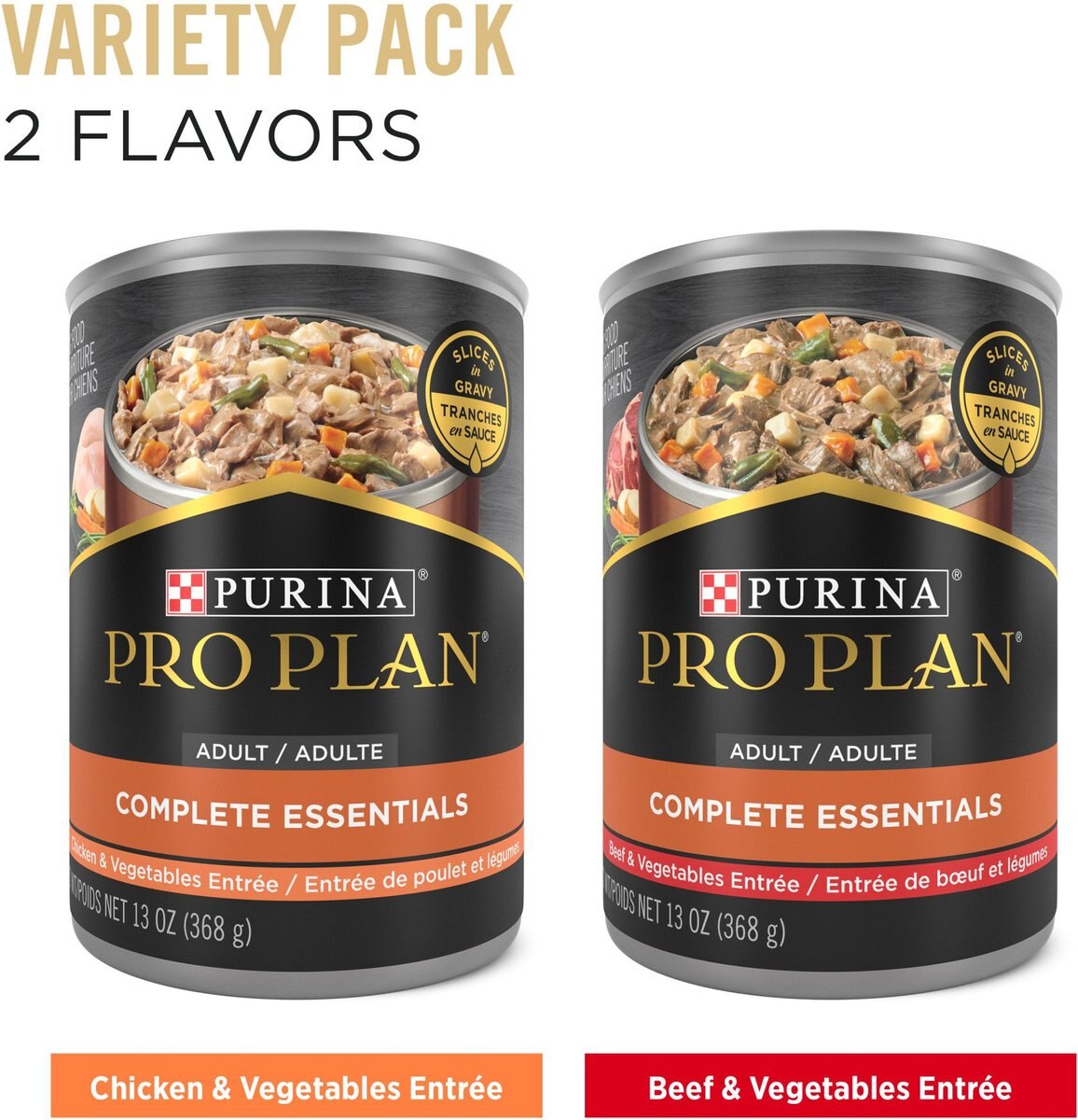 Purina Pro Plan Complete Essentials Variety Pack Beef and Vegetable and Chicken and Vegetable Entrée Slices in Gravy Wet Dog Food， 13-oz can， case of 12