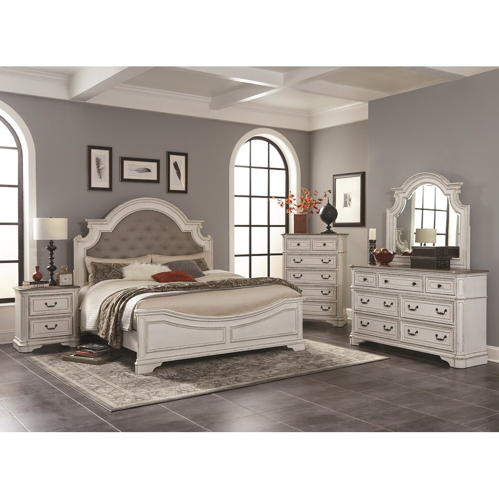 Roundhill Furniture Laval Antique 5 Piece White and Oak Wood Bedroom Set