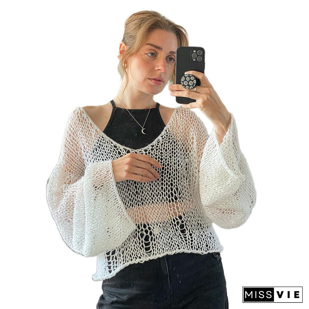 Knitted Crop Top Y2k Aesthetic Grunge Crochet V Neck Long Sleeve T Shirt White Hollow Out Tee Women Beach Cover Up