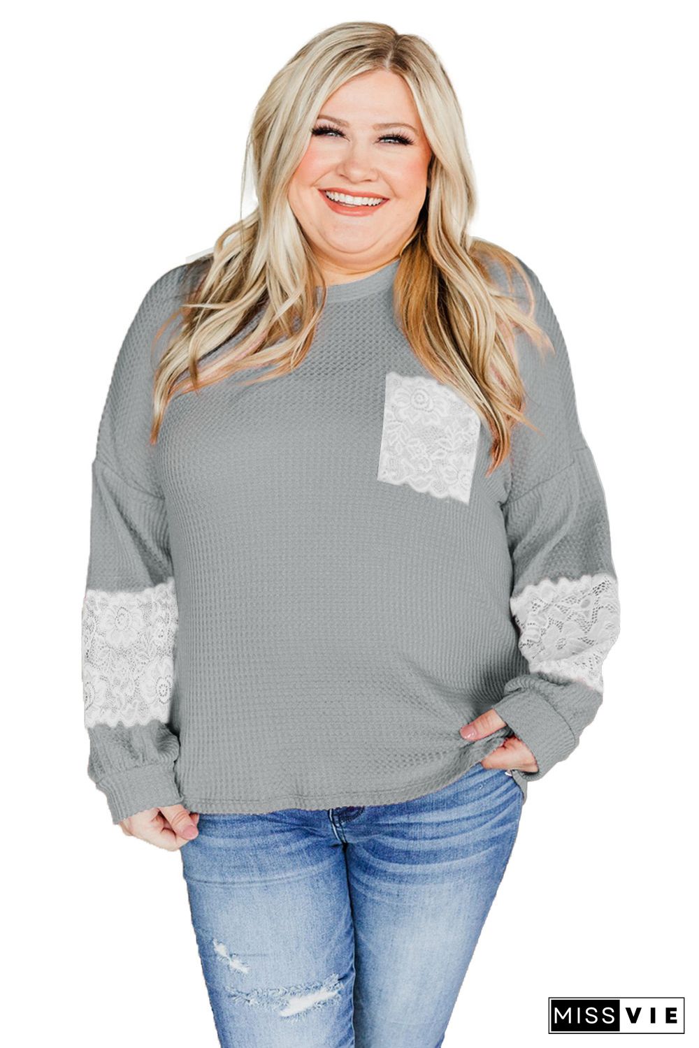 Gray Lace Patchwork Waffle Knit Plus Size Blouse