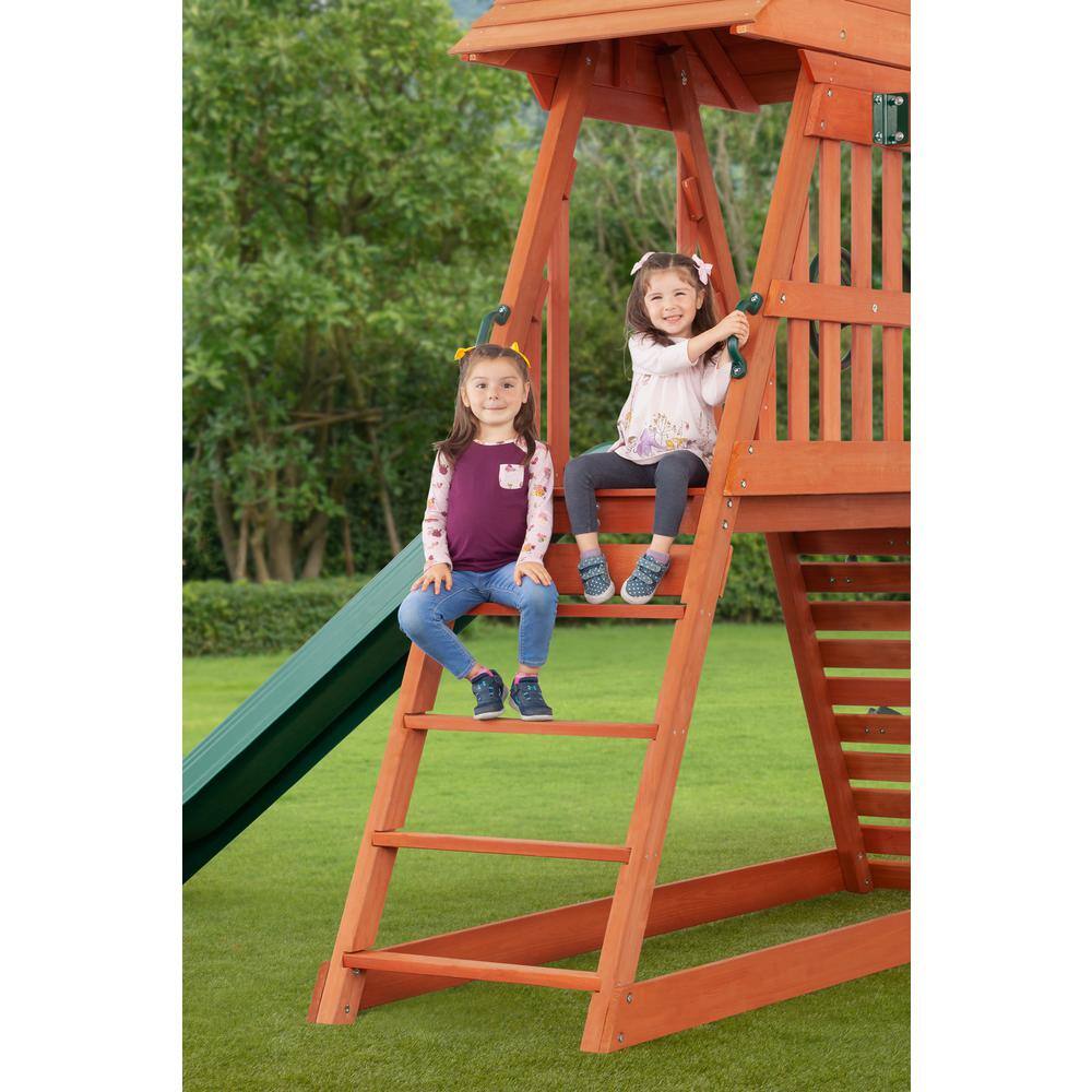 Creative Cedar Designs Cedar Chalet Complete Wood Playset with Wooden Roof Climbing Wall Sandbox Slide and Multiple Swing Set Accessories 3710