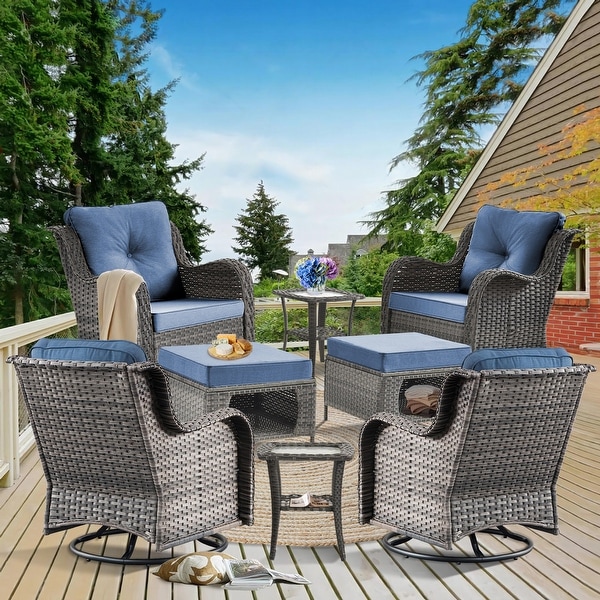 Rattan Wicker Patio Furniture Conversation Seating with 360° High Back Swivel Chairs+Storage Ottomans，Bule Cushions Included🎁