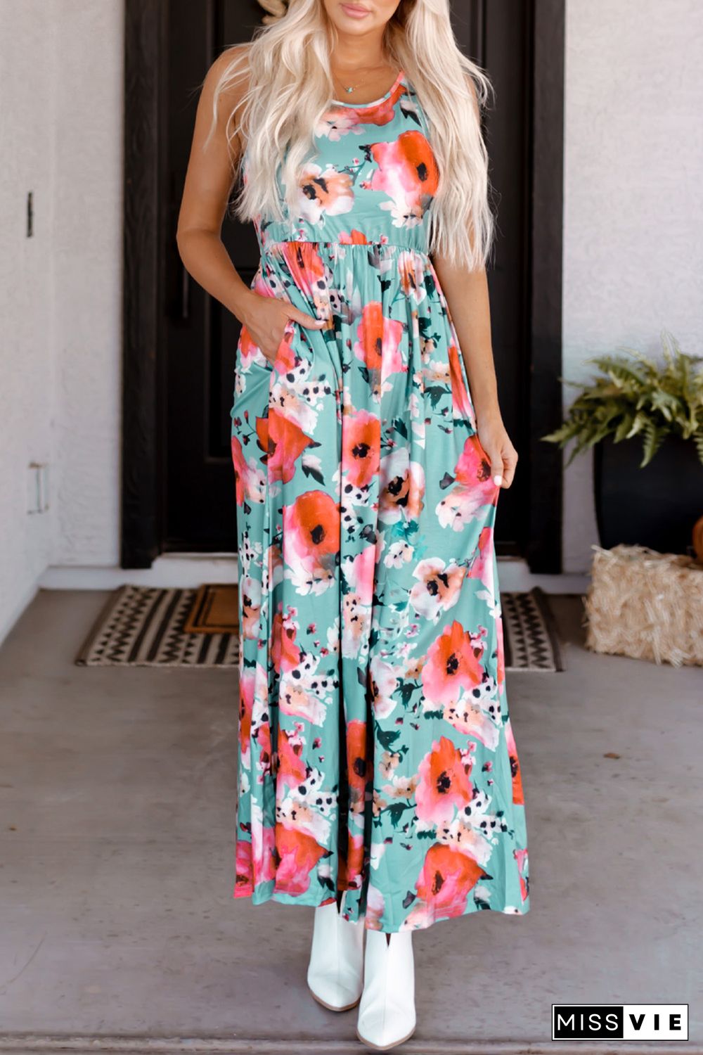 Sky Blue Boho Print Sleeveless High Waist Long Floral Dress