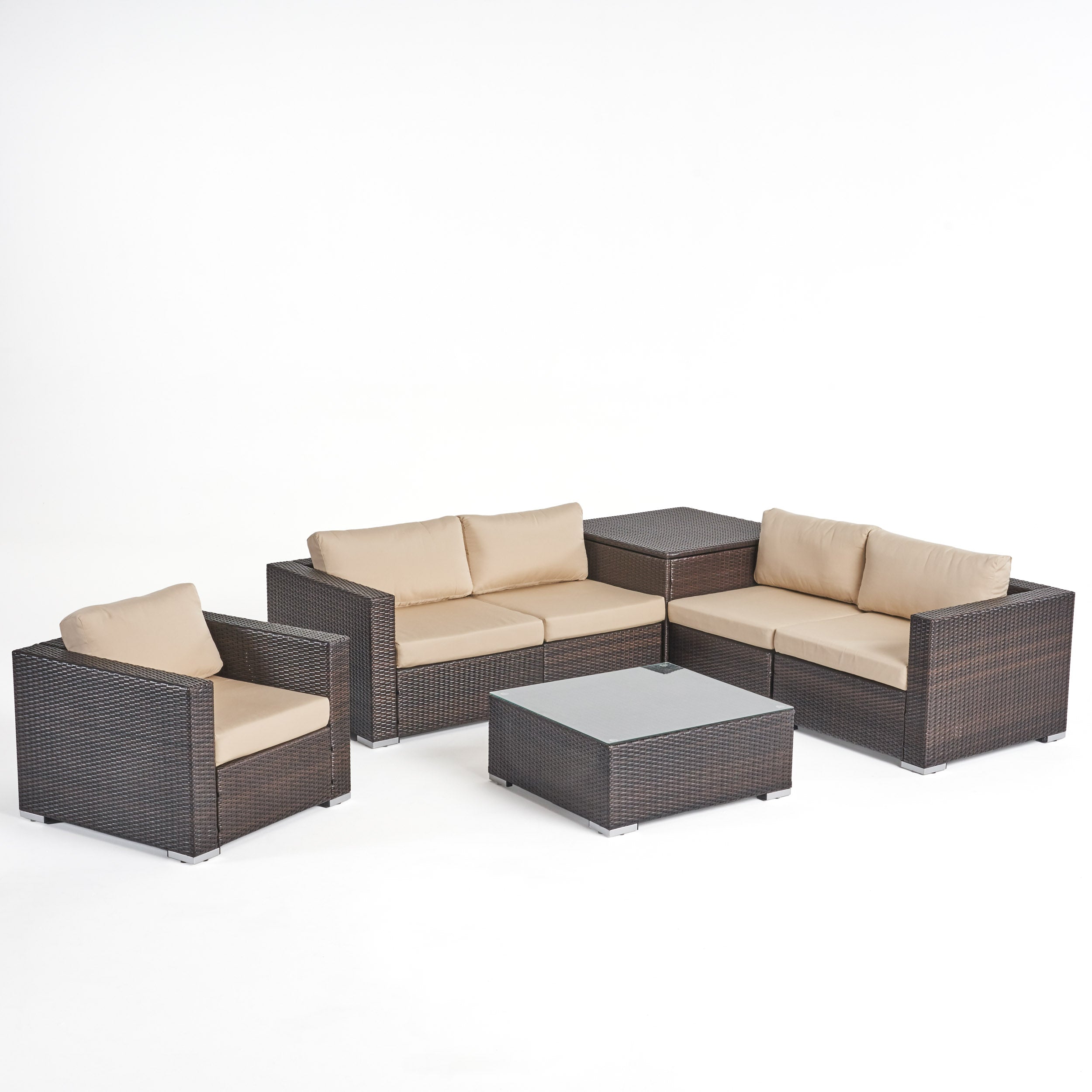 Kyra Outdoor 5 Seater Wicker Sectional Sofa Set with Storage Ottoman and Sunbrella Cushions