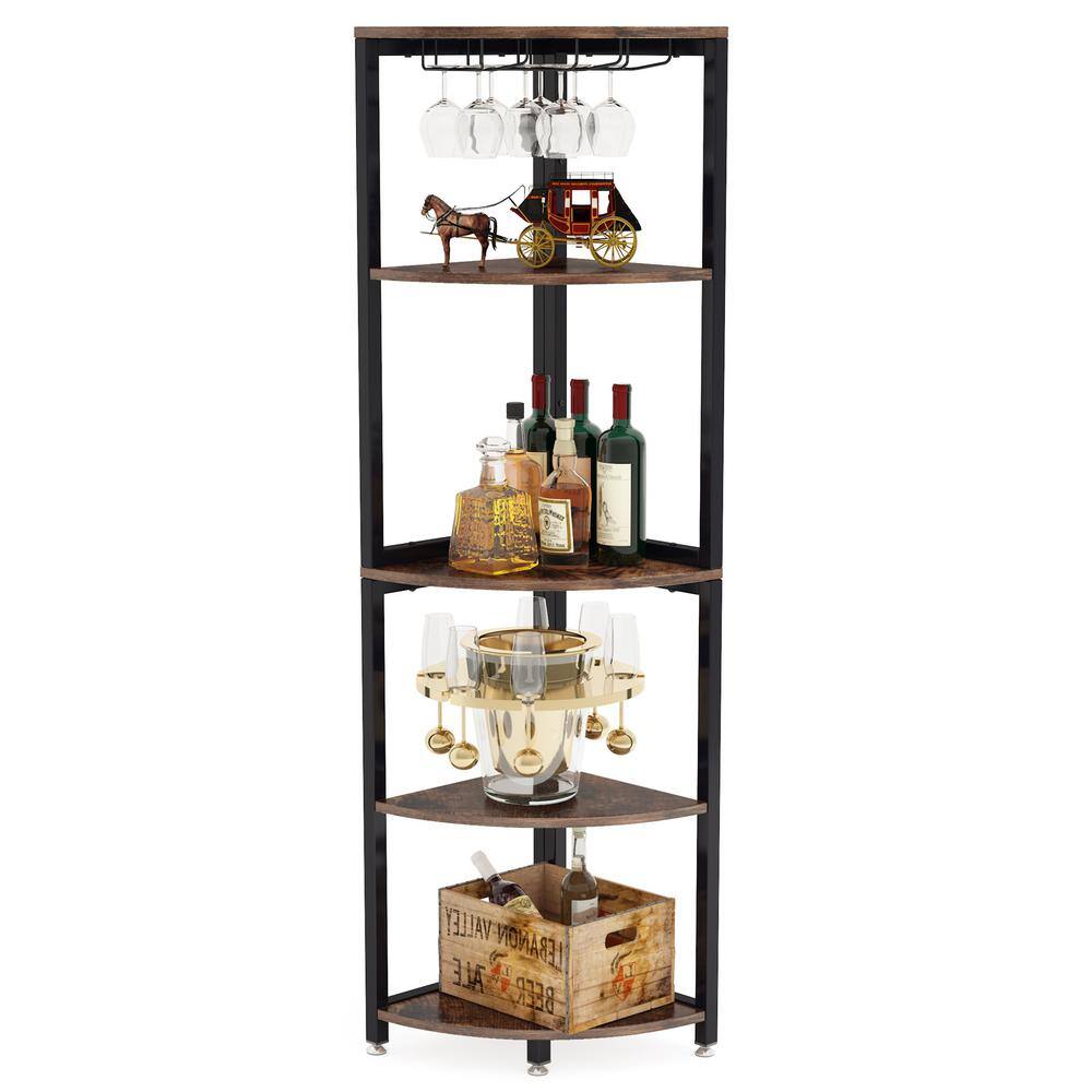 BYBLIGHT Eulas 63 in. Brown 5-Tier Corner Shelf Tall Corner Bookshelf Small Bookcase with Wine Glass Holder BB-JW0249XF