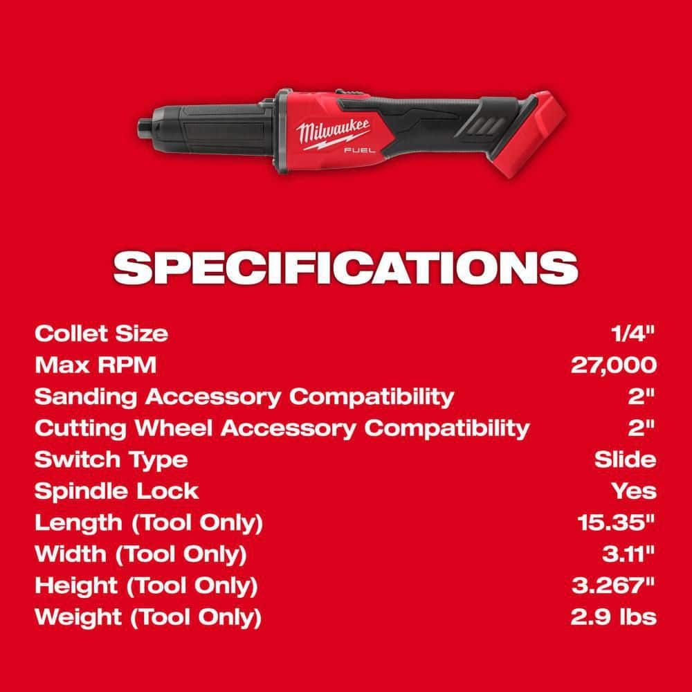 Milwaukee 2939-20 M18 FUEL 18V Lithium-Ion Brushless Cordless 1/4 in. Braking Die Grinder Slide Switch (Tool-Only)