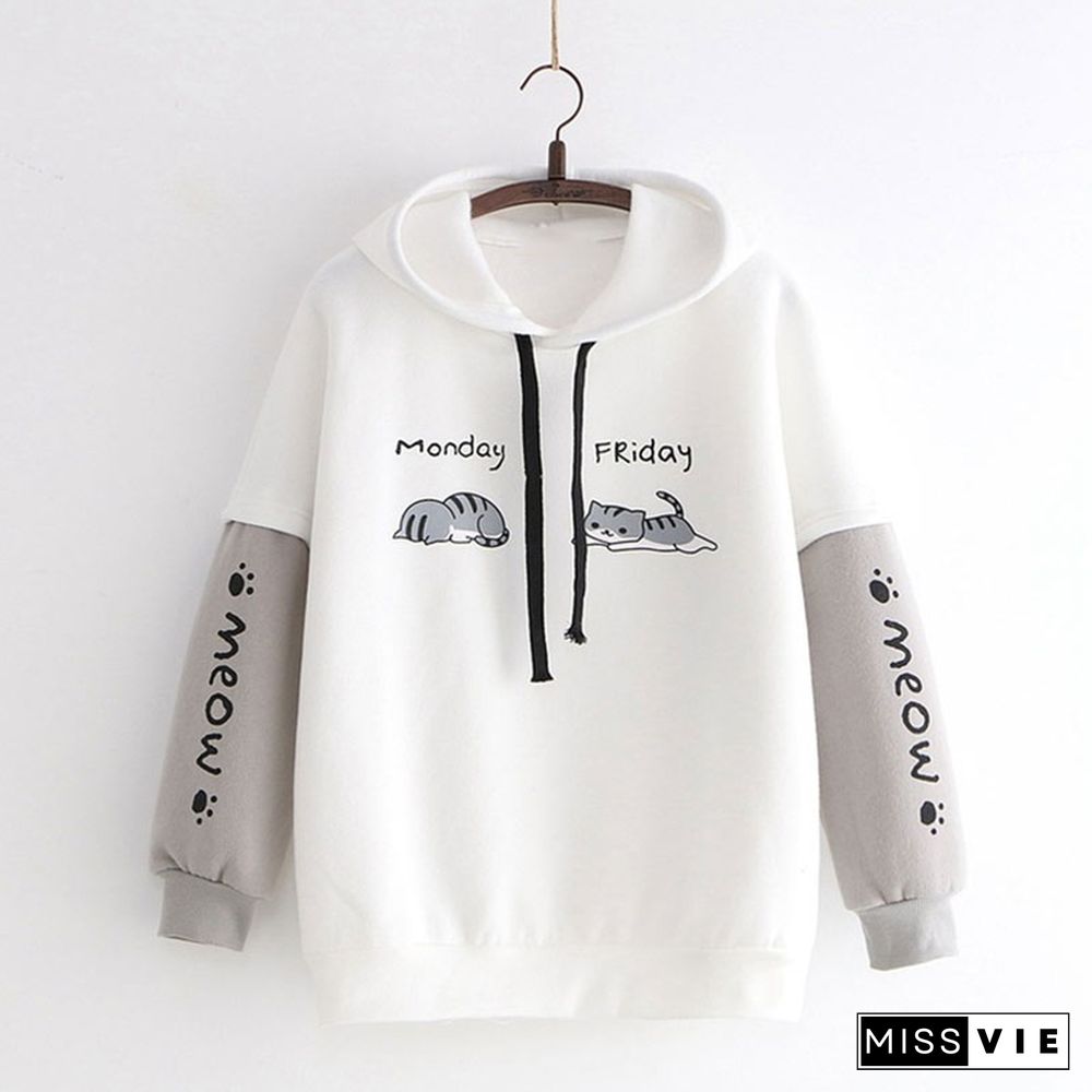 Japanese Style Letter kitty Print Colorblock Sweatshirt