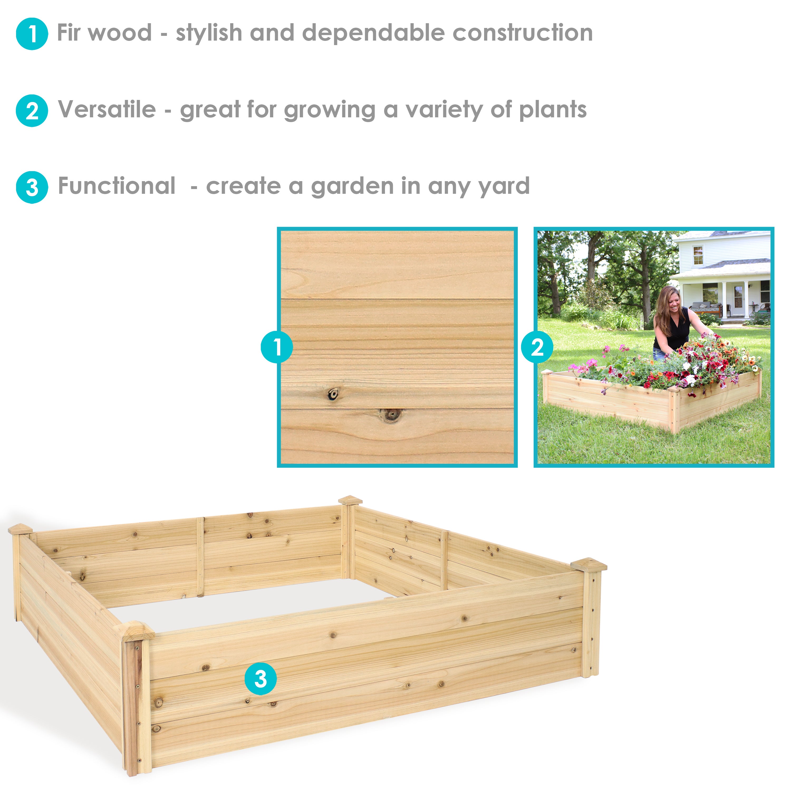 Sunnydaze Outdoor Square Wood Raised Garden Bed for Flower, Vegetable, and Herb Gardening - 48" Square - Brown