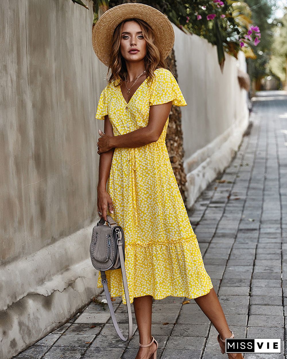 Floral V Neck Short Sleeve Long Dress