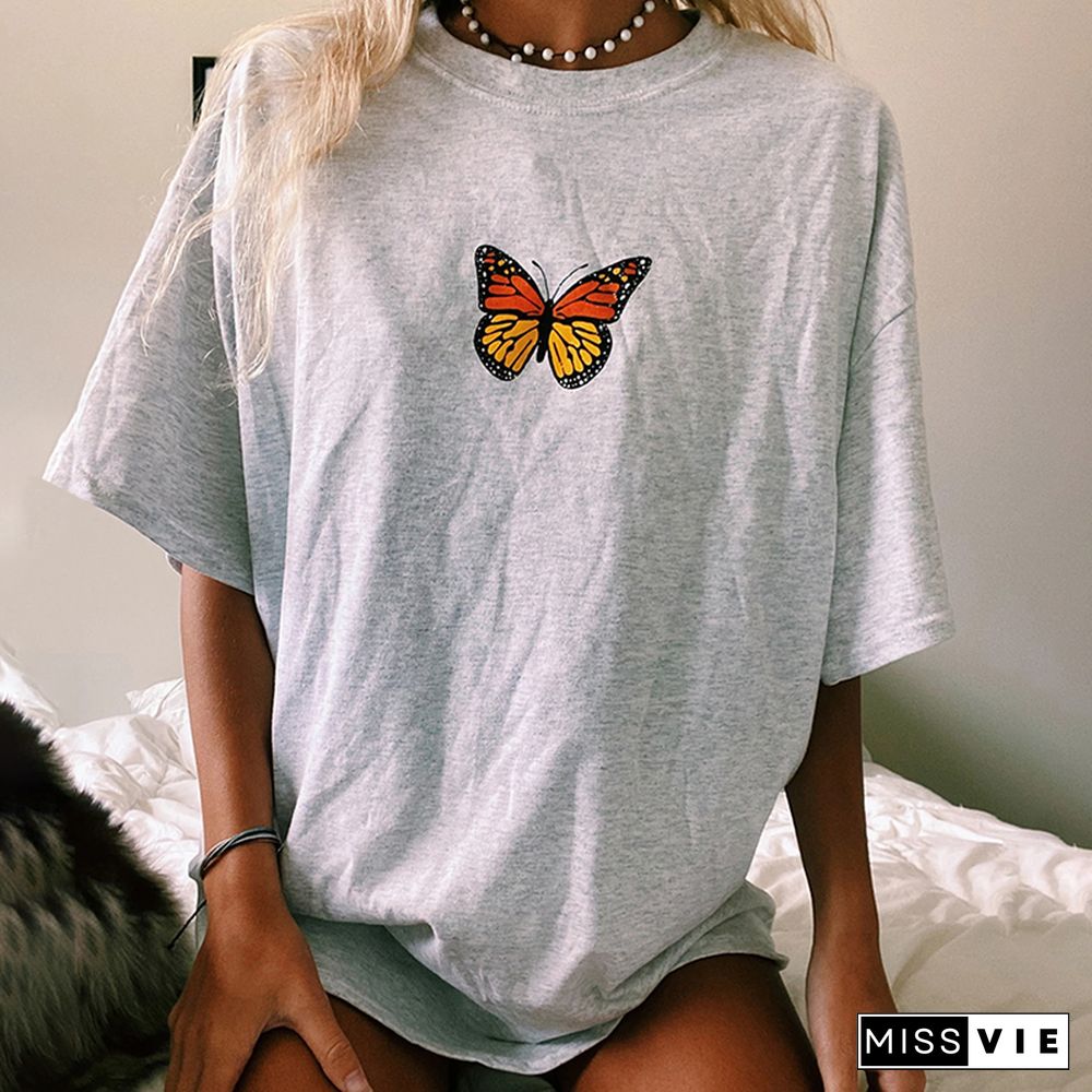 Casual Grey Butterfly Print T-Shirt