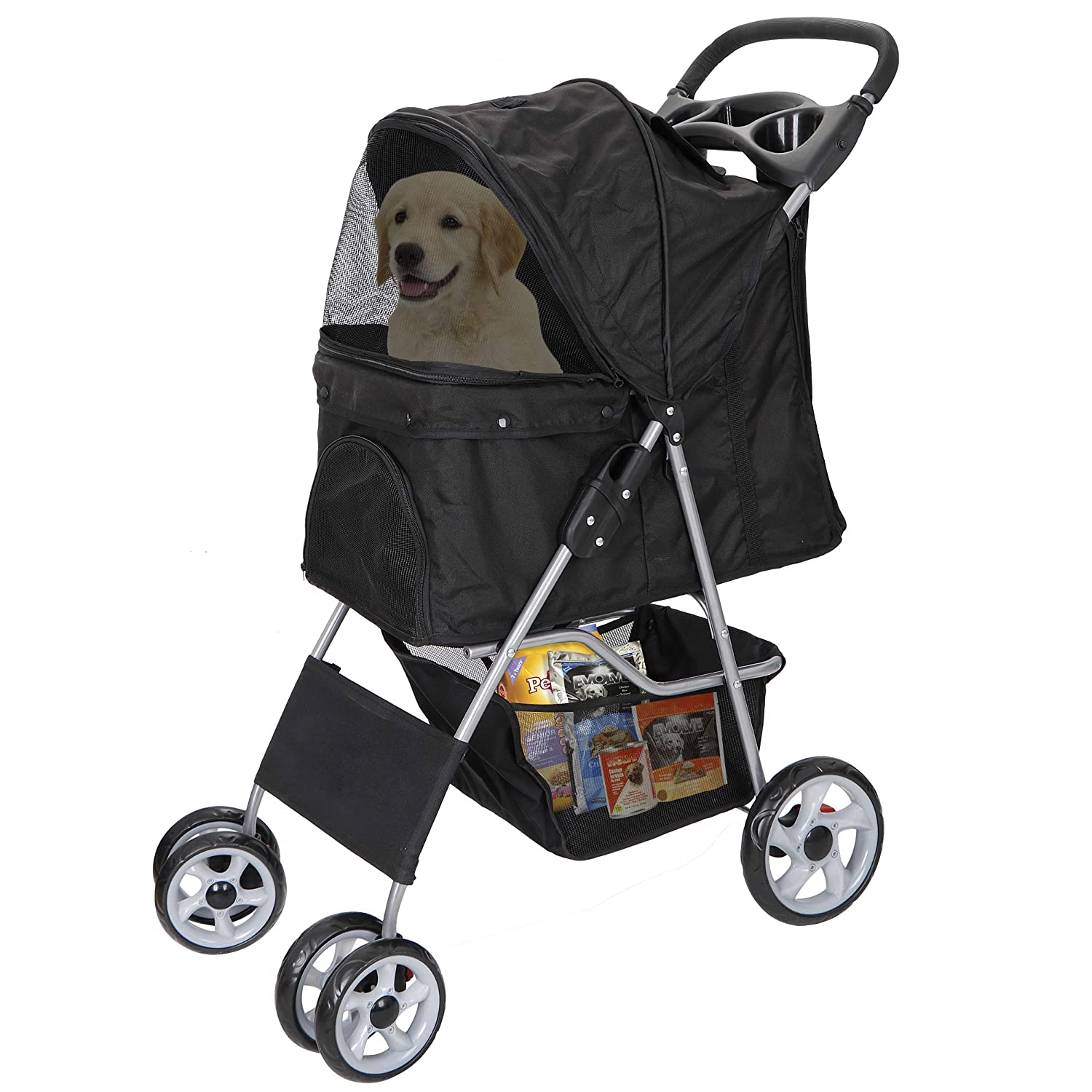 4 Wheel Dog Stroller for Small Medium Dogs and Cats Easy to Walk Foldable Carrier Strolling Cart with Storage Basket and Cup Holder