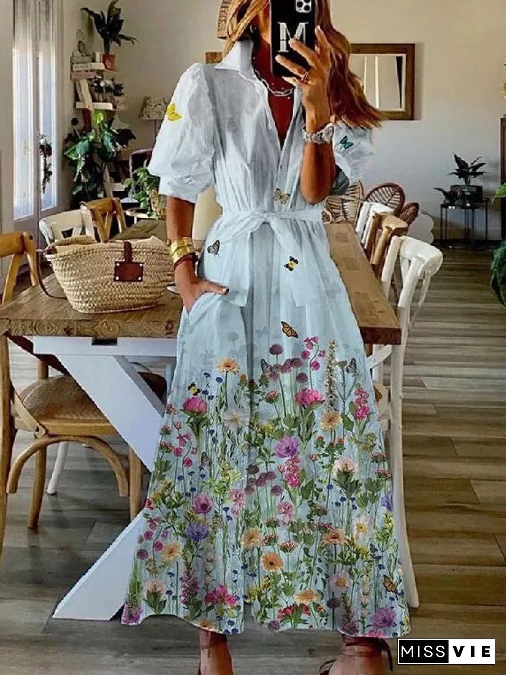 Women's Short Sleeve V-neck Graphic Floral Printed Maxi Dress