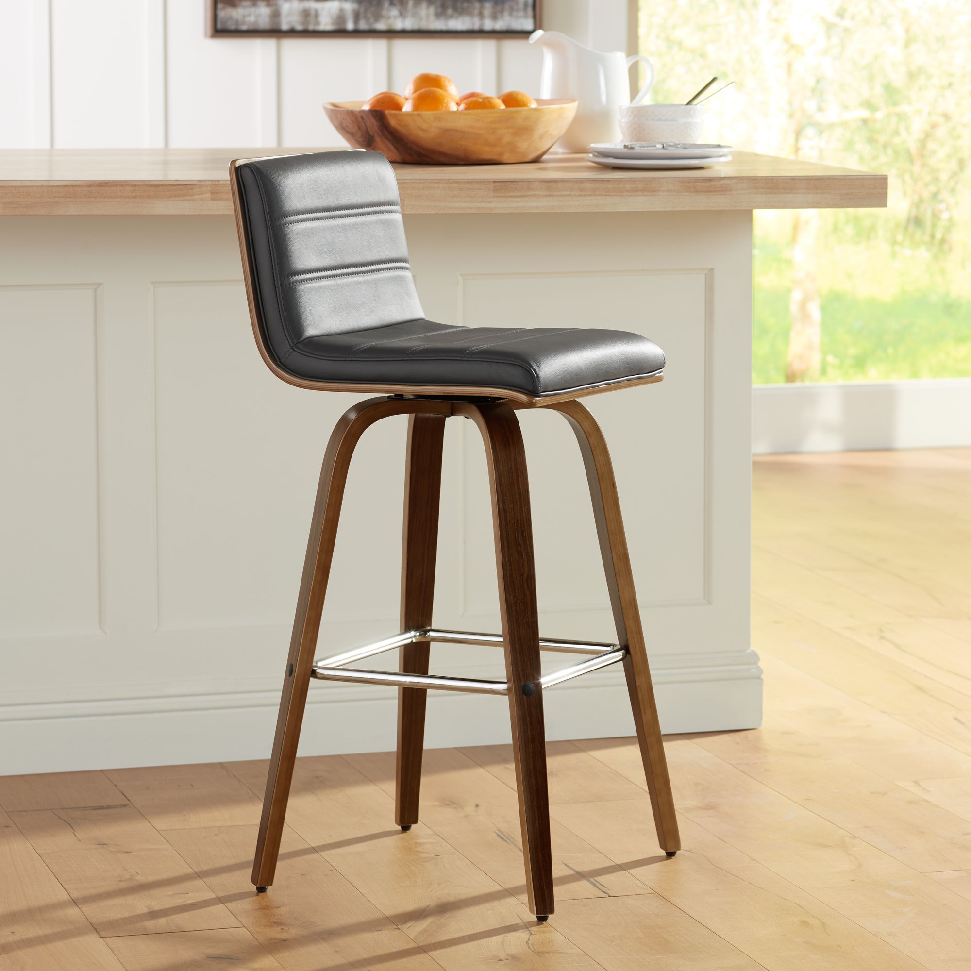 Armen Living Walnut Swivel Bar Stool 29 1/2 High Modern Gray Cushion with Backrest Footrest for Kitchen Counter Height Island